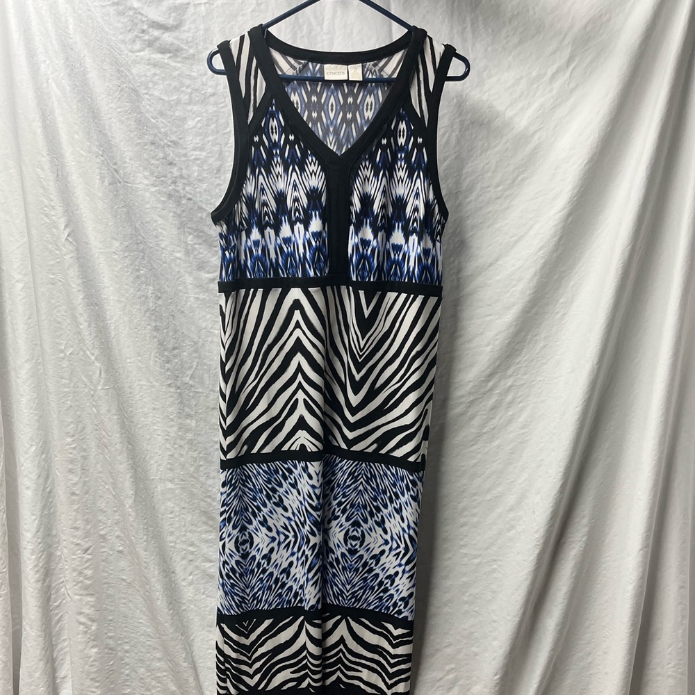 Beautiful blue and white dress, stretchy material and floor length